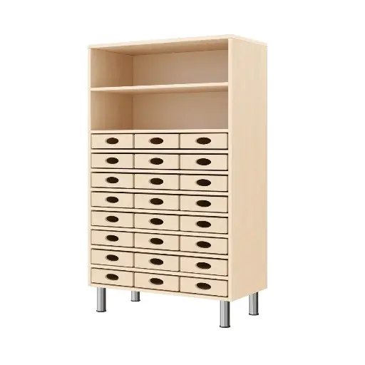 [110201-02] Regalschrank 120 cm - 24 Materialkästen, mit höhenverstellbaren Sockelfüßen